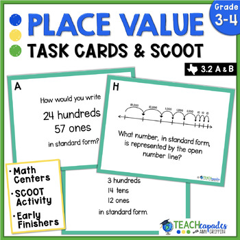 Preview of Place Value Games Task Cards & Place Value Centers Activity & TEKs 3.2A 3.2B