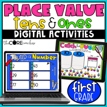 Preview of Place Value - Tens & Ones - Digital Math Practice Activities - 1st Grade Math