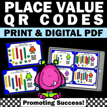 Preview of Place Value Tens and Ones Base Ten Blocks Task Cards QR Codes Self Checking