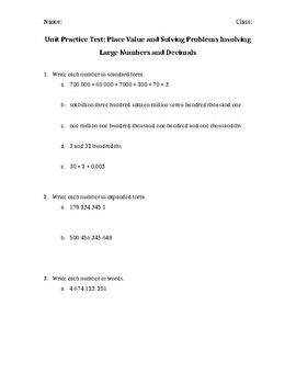 Preview of Place Value Test (Editable)