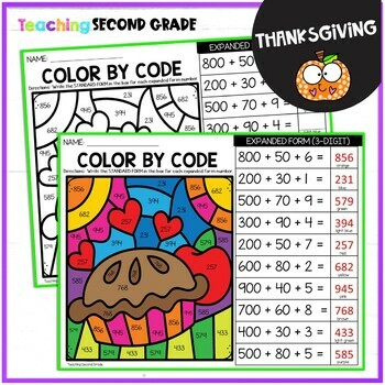 place value thanksgiving color by number by teaching second grade