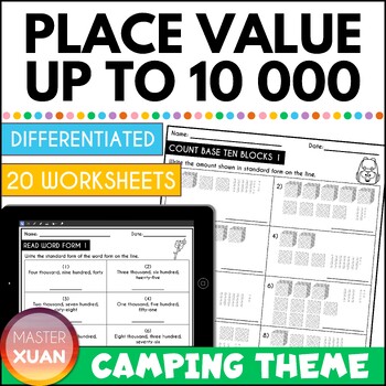 Preview of Place Value To 10000 Worksheets (Camping Themed)