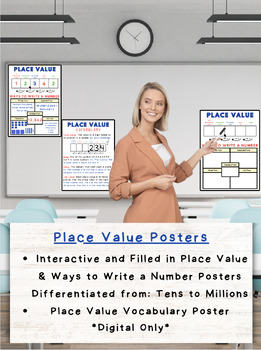 Preview of Place Value, Vocab and Ways to Write Numbers Poster: Interactive and Leveled