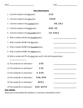 Preview of Place Value Worksheet