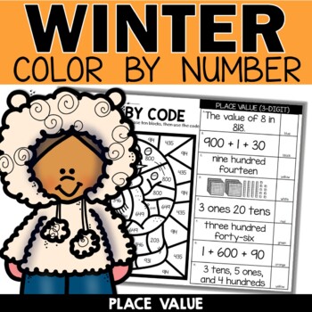 Preview of Place Value Worksheets | Color by Code Math Activities for Winter