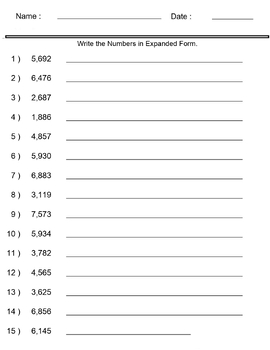 Place Value Worksheets- Expanded Form with Integers -4 Digits-5 Digits