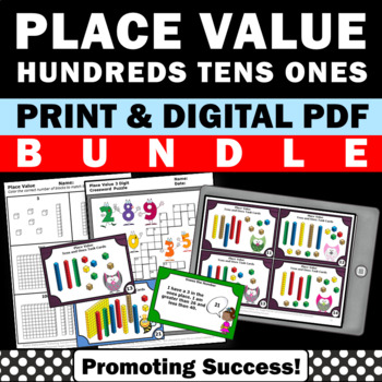 Preview of 3 Digit Place Value Practice Task Cards Worksheets BUNDLE Hundreds Tens Ones