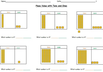 Preview of Place Value Worksheets-Using Tens and Ones Base Ten Blocks to Identify Numbers