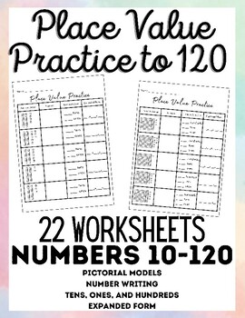 Preview of Place Value Worksheets to 120 - Pictorial Models, Numbers, Expanded Form
