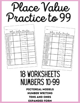 Preview of Place Value Worksheets to 99 Pictorial Models, Numbers, Expanded Form, Tens&Ones