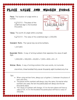 Preview of Place Value and Number Forms Printable