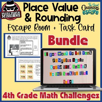 Preview of Place Value and Rounding 4th Grade Math Escape Room + Task Cards Bundle