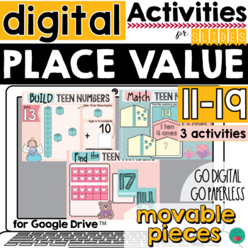 Preview of Place Value for Google Slides Teen Number Valentine's Theme
