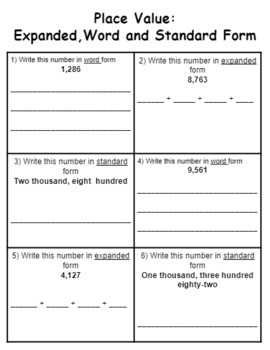 Preview of Place value: Expanded, Word, and Standard Form Worksheet (free)