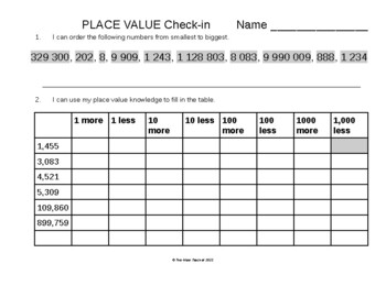 Preview of Place value checkin - 10 more, 10 less, 100 more, 100 less, 1000 more, 1000 less