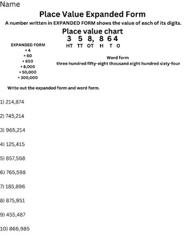 Preview of Place value expanded form worksheet