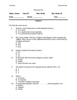 Preview of Placement Test (Science) Editable assessment/test/ homework for standard 4th+