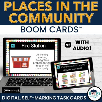 Preview of Places in the Community Lesson BOOM CARDS - No-Prep Digital Task Cards Activity