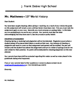 Preview of Plagiarism & Cheating Notification/Consequences Letter to Student and Parents