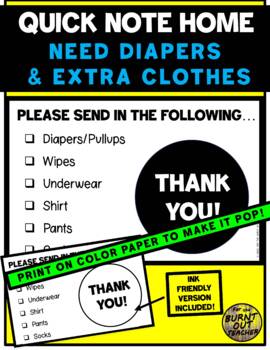 Preview of Plain Parent Communication Note Home Send Diapers Wipes Underwear Extra Clothes