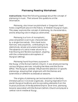 Preview of Plainsong & Gregorian Chants Reading Worksheet FREE **Editable**
