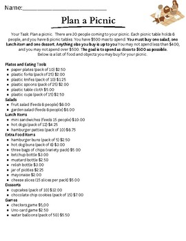 Preview of Plan A Picnic - Budgeting Activity