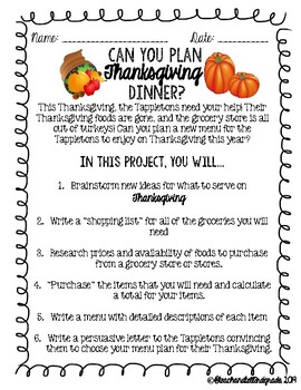 Plan Thanksgiving Dinner Math Writing Project By Teachandtell3rdgrade