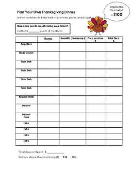 Preview of Plan Your Own Thanksgiving Dinner Math Activity - Worksheet