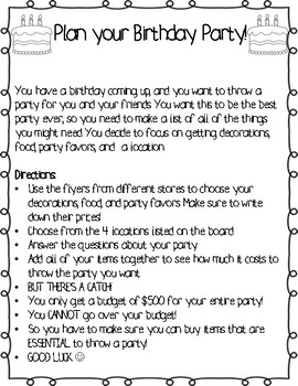 Preview of Plan a Party- End of the year math project