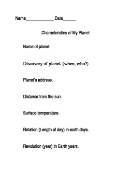 Preview of Planet Characteristics Outline