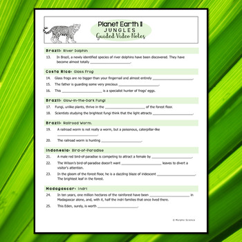 Planet Earth 2 Jungles Guided Video Notes Worksheet by Morpho Science