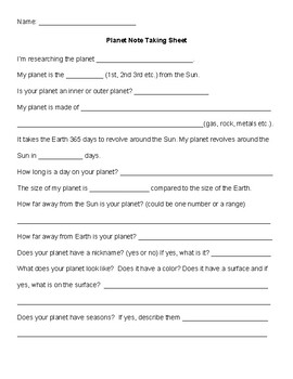 Preview of Planet Note Taking Template