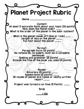 Preview of Planet Project Rubric (Grades 2-4)