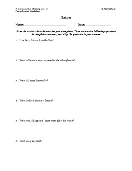 Preview of Planet Saturn Article (Reading Level 1) Comprehension Worksheet