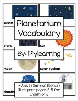Preview of Planetarium Space Vocabulary Flash Cards/Visuals (+ German)