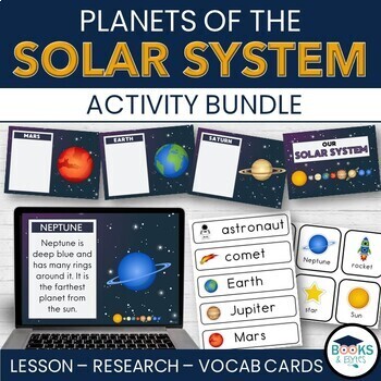 Preview of Planets in the Solar System Lesson, Boom Cards, Coding Cards, Research Templates