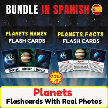 Preview of Planets Fun Facts Flashcards In Spanish Bundle With Real Pictures Back To School