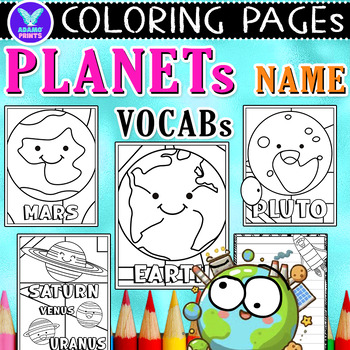 Preview of Planets Name Vocabs Coloring Pages & Writing Paper Activities ELA No PREP