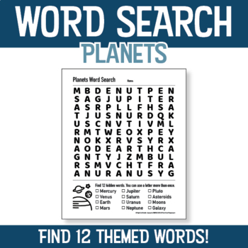 Preview of Planets Vocabulary Word Search - Find 12 words - Print & Go!