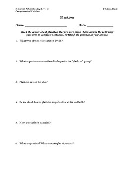 Preview of Plankton Article (Reading Level 1) Comprehension Worksheet