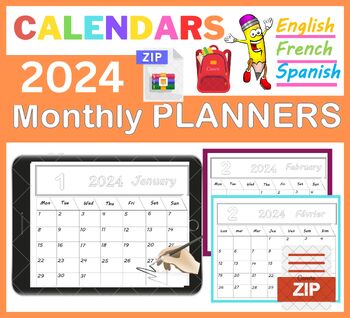 Preview of Planner 2024 EDITABLE Monthly Digital Calendar ON English, French and Spanish