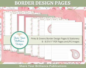 Preview of Planner Borders & Stationery in Pinks and Greens Colors - 8  8.5x11 Pages + JPGs