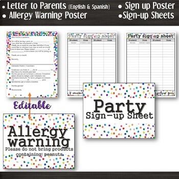 Preview of Class Party: Sign up sheets - Allergy Warning - EDITABLE Letter to Parent Eng/Sp