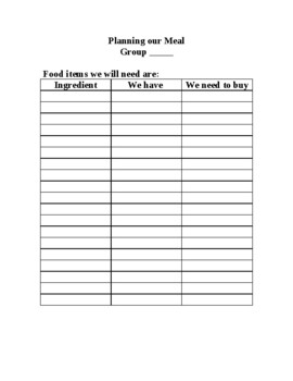 Preview of Planning a meal blank form