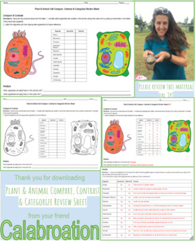Preview of Plant & Animal Cell Compare, Contrast and Categorize Review Sheet