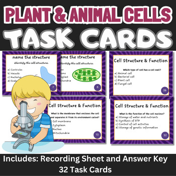 Preview of Plant &Animal Cells Task Cards/Science Review Test Prep/Cell Organelles Function