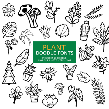 Preview of Plant Doodle Fonts, Instant File otf, ttf Font Download, Digital Leaves Doodle