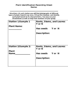 Preview of Plant Identification Recording Sheet