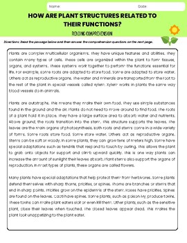 Preview of Plant Structures/Parts and their Functions Reading Comprehension with Answer Key