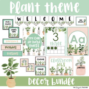 Preview of Plant Theme Classroom Decor Bundle Botanical Greenery Bundle Green & Pink